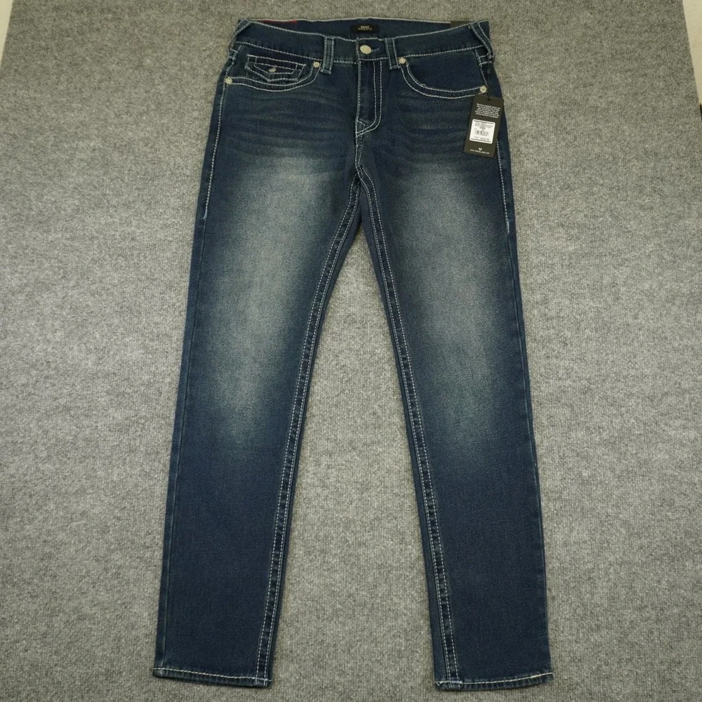 NEW True Religion Rocco Big T Flap Jeans Mens 33x32 Blue Dark Wash Skinny
